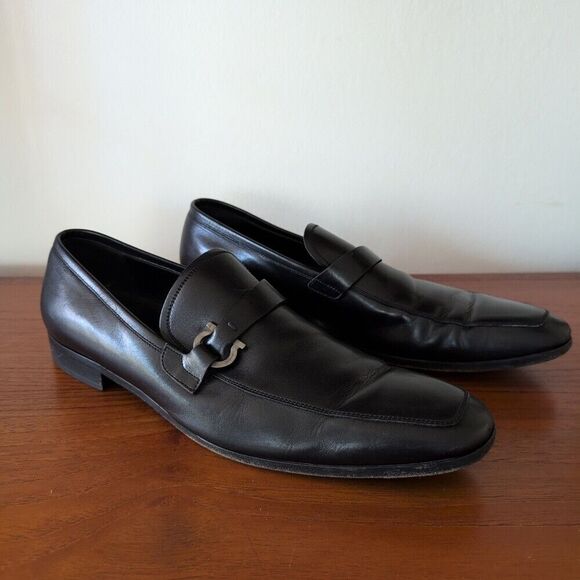 Salvatore Ferragamo Black Dress Moccasin Gancini Leather Loafers Size 13 D Italy - Picture 1 of 10